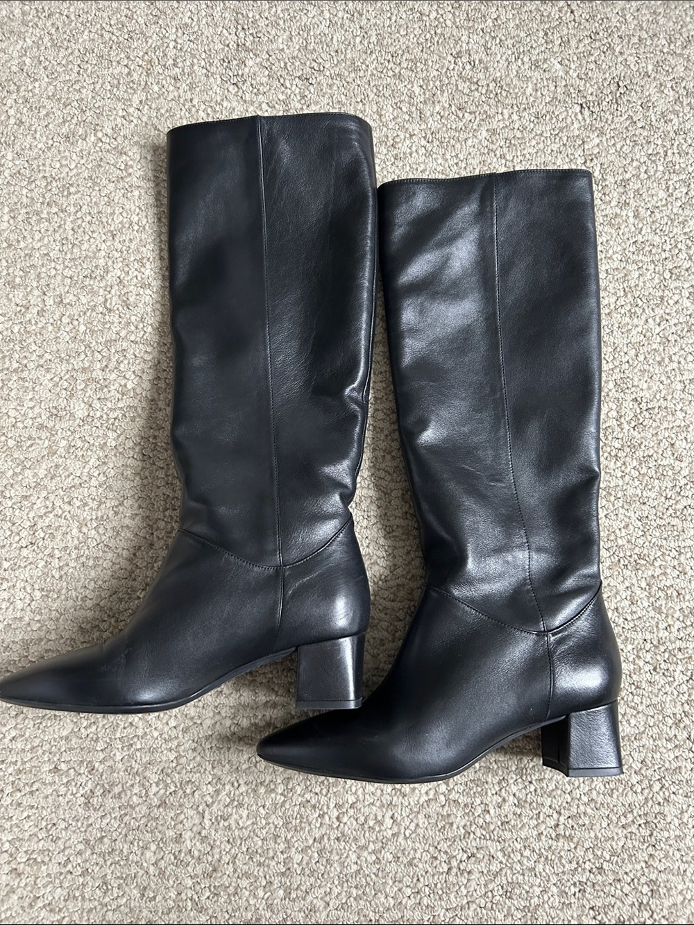 Aquatalia Black Leather Mid-Calf Block Heel Boots